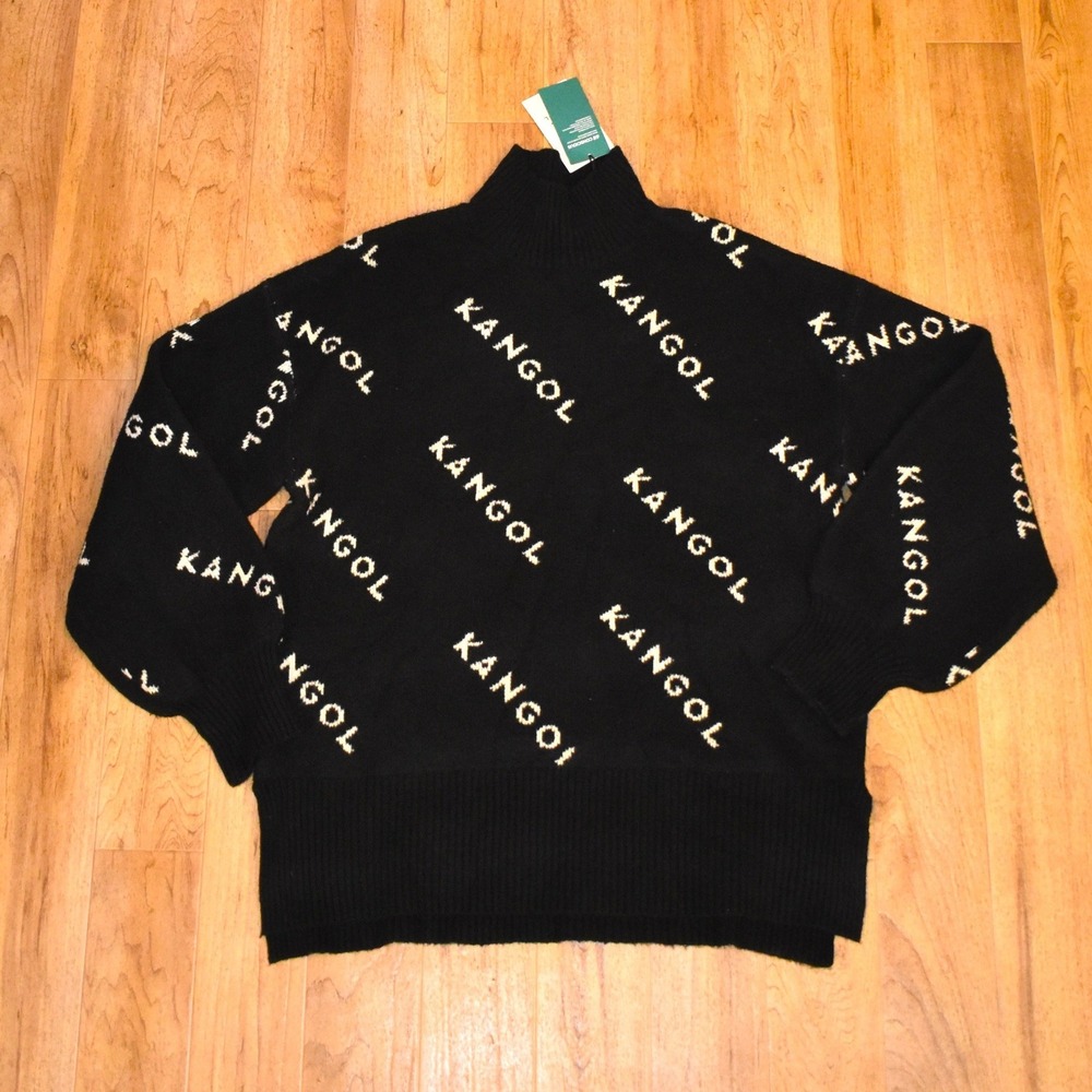 Kangol x H&M Sweater Women S Black New Logo Knit Mock Neck Oversized Jacquard